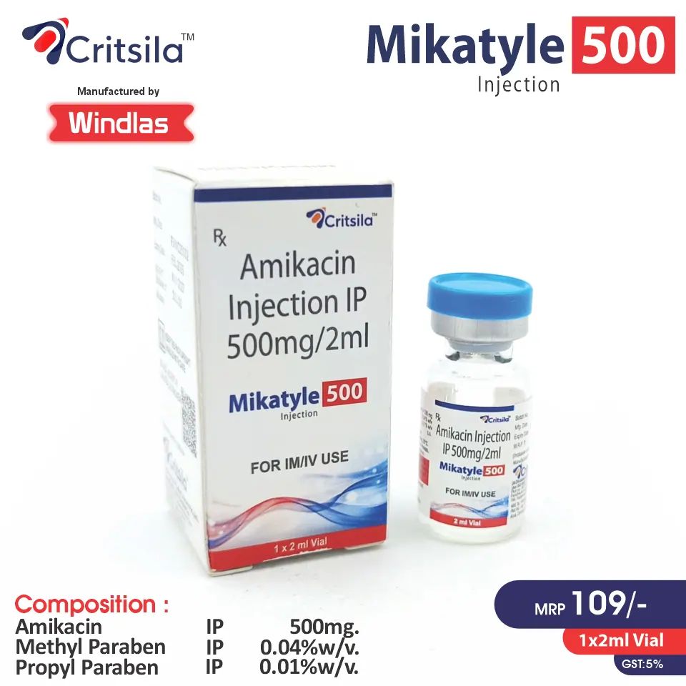 Amikacin (500mg) Injection at Best Price in PCD Pharma Franchise for Antibiotic Use and Bacterial Infection Treatment.